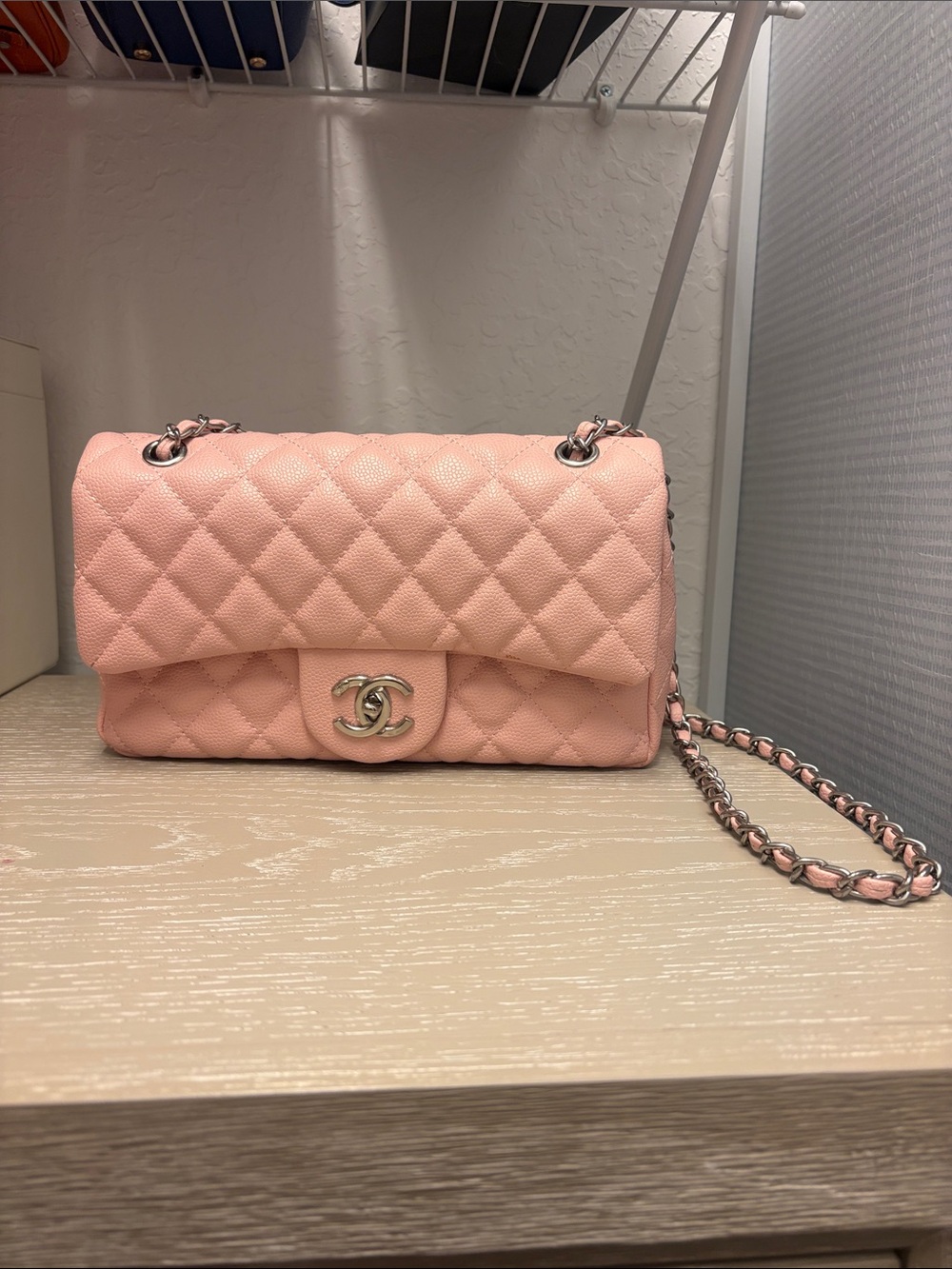 Pink Quilted Caviar Leather Shoulder Bag with Silver-Tone Chain